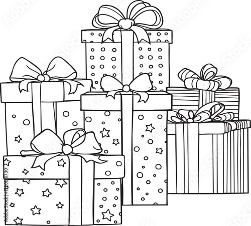 A stack of black and white outline gift boxes with bows and various patterns for coloring or decoration