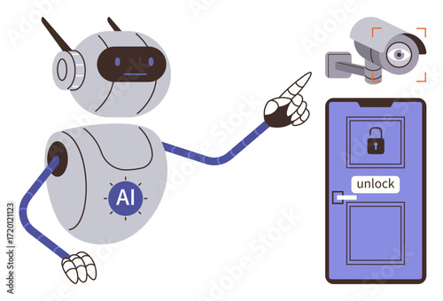 AI robot pointing at security camera monitoring a smart door lock with unlock label. Ideal for technology, AI, automation, robotics, security, smart home, innovation. Simple flat metaphor