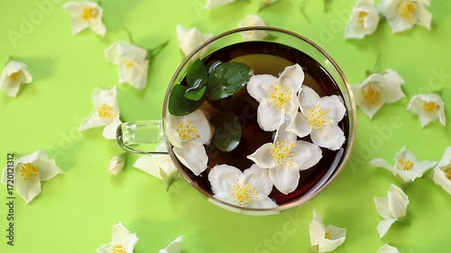 Brewed green tea with jasmine flowers top view