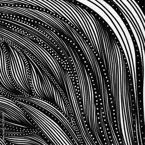 Monochromatic abstract background with intricate flowing linear patterns and dotted details, creating a dynamic and hypnotic visual texture