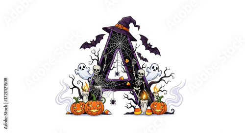 Spooky Halloween alphabet letter A with witch hat and ghosts.