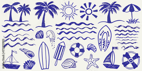 Collection of hand drawn blue summer beach vacation icons and elements on a light background