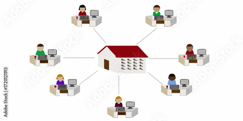 Illustration of a central office building connected to multiple remote workers at their desks