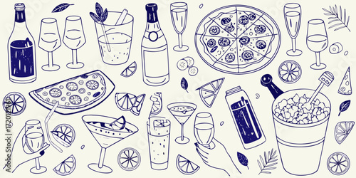 Hand drawn sketch of party drinks pizza slices champagne cocktails and citrus fruits on a light background