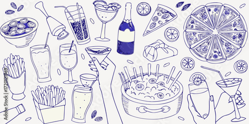 Hand drawn sketch of various food and drinks including pizza fries cocktails and champagne
