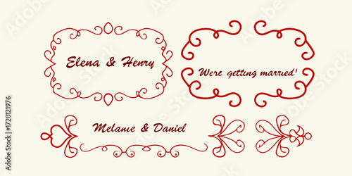 Elegant red decorative borders and text elements for wedding invitations and announcements