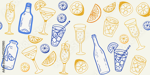 Hand drawn refreshing summer drinks and citrus fruits pattern with blue and yellow outlines on a light background