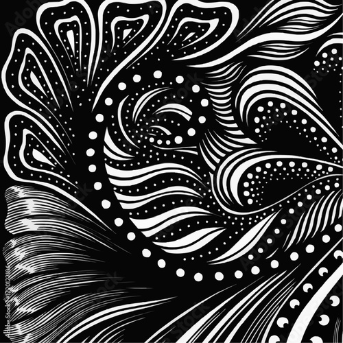 A mesmerizing black and white abstract illustration featuring intricate floral patterns, flowing swirls, and detailed dot work in a dynamic graphic design