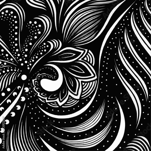 Elegant monochrome abstract background featuring a detailed hand-drawn style floral pattern with intricate psychedelic swirls and ornate lines