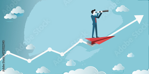 Businessman riding a red paper airplane on a rising graph line looking through a telescope towards the future