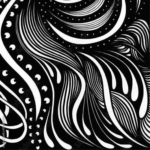 A mesmerizing black and white abstract graphic background featuring an intricate composition of flowing lines, elegant curves, and dynamic waves