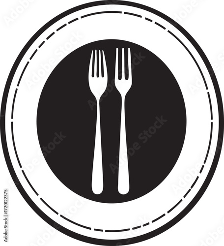 Two forks on a black circle inside a white plate with a dashed line border in a vector graphic