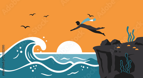 Person leaping over cliff towards the ocean at sunset with birds, representing courage and freedom