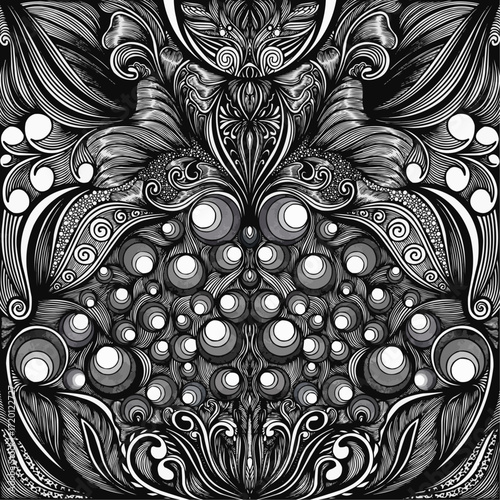 Symmetrically balanced black and white abstract art featuring intricate foliage and orb patterns, a mesmerizing ornamental design for backgrounds