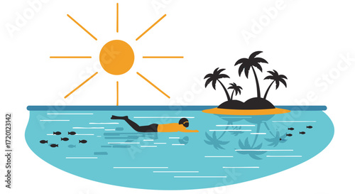 Tropical Getaway Swimmer Enjoying the Beach with Palm Trees and Sun