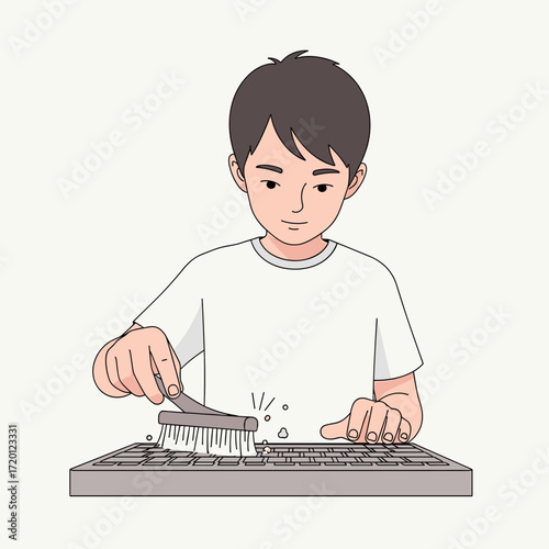Young boy cleaning keyboard with brush at home in casual setting  
