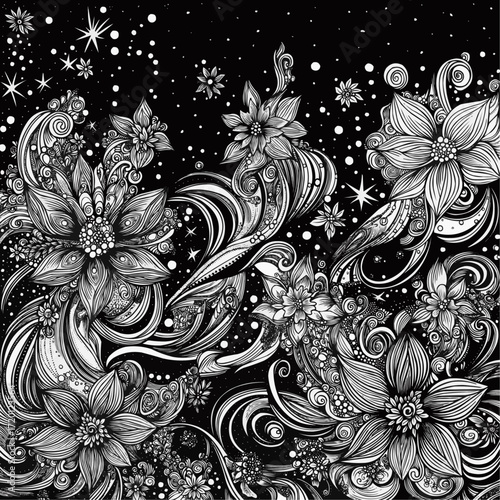 An enchanting monochrome floral fantasy with intricately detailed flowers, elegant swirling patterns, and a celestial starry background