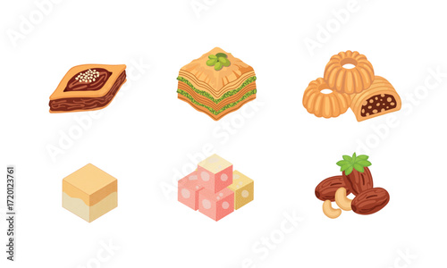 Middle Eastern and Turkish Sweets Icons – Baklava, Maamoul, Lokum, Halva, and Dates Clipart