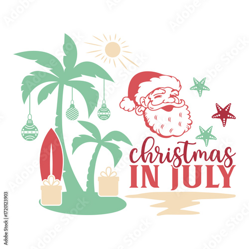 Christmas in July Santa with Palm Trees and Surfboard