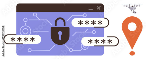 Lock with password fields on a digital interface symbolizing cybersecurity. quadcopter and location marker represent surveillance. Ideal for technology, data protection, digital privacy, innovation