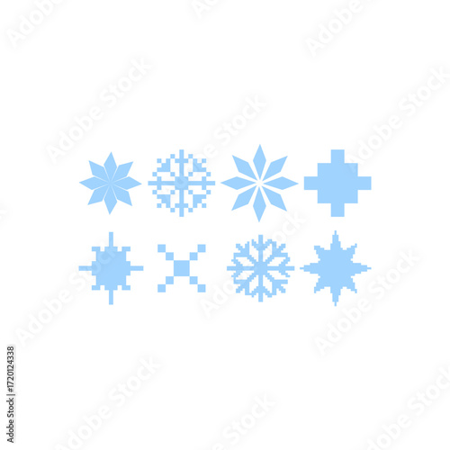 Minimalist blue pixel snowflake set Retro 8bit game style Xmas icon isolated on white background