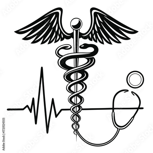 Caduceus health symbol, asclepias wand icon caduceus health silhouette vector illustration
