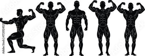 Black silhouette vector illustration of muscular male bodybuilders in various professional competition poses showing muscle definition, strength, and fitness training concepts