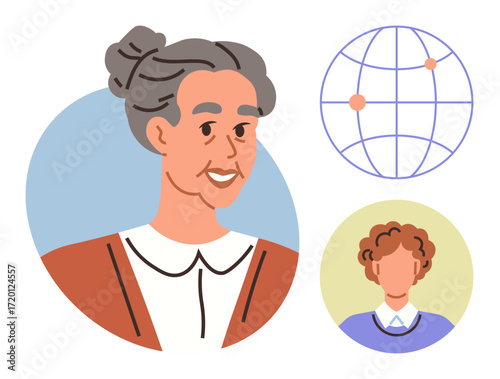 Elderly woman smiling, younger person portrait, globe representing connection, wisdom, mentorship, learning, family, diversity. Ideal for education teamwork inclusion leadership family values