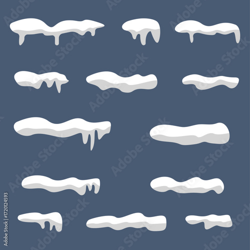 Set of snowdrifts. Vector collection of snow illustrations on a blue background.