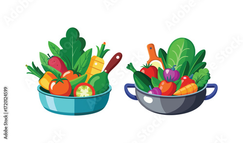 Colorful Bowls of Fresh Vegetables and Herbs for Cooking