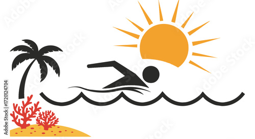 Tropical Swimming Swimmer's silhouette with sun, palm tree, and ocean waves, conveying vacation and healthy lifestyle