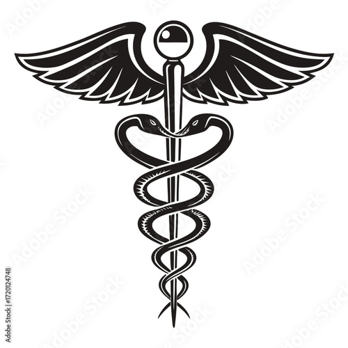 Caduceus health symbol, asclepias wand icon caduceus health silhouette vector illustration