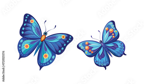 Two Vibrant Blue Butterflies with Colorful Spots and Patterns on White Background