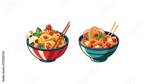 Delicious Asian Noodle Bowls with Vegetables and Chopsticks