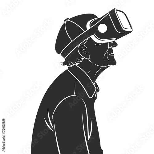 Silhouette icon of an elderly person wearing a virtual reality headset representing senior technology adoption