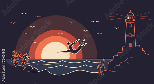Vector illustration of a person diving into the ocean at sunset, with a lighthouse on the rocky coast
