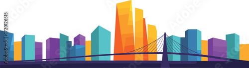 Colorful geometric city skyline illustration, modern suspension bridge artwork, abstract urban architecture design, vibrant cityscape background, contemporary metropolitan landmark art