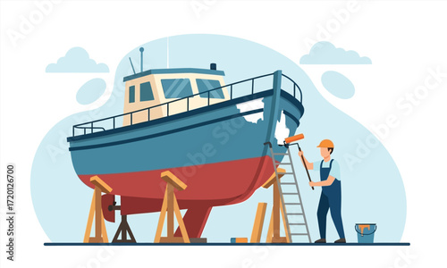 Expert Worker Applying Fresh Paint to a Boat's Hull During Dry Dock Maintenance, Ensuring Longevity and Seaworthiness for Marine Vessels