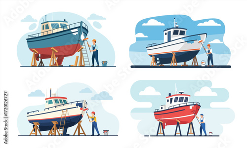 Collection of boats undergoing maintenance and repair work on a dry dock, with workers painting hulls and performing other upkeep tasks