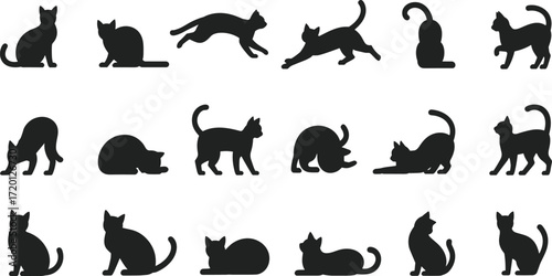 Cat silhouette vector set, black cat poses, sitting cat, walking cat, playing kitten, sleeping cat graphic, feline shape icons