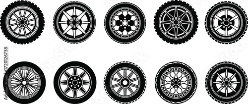 Collection of ten detailed car wheel and tire vector illustrations with various rim designs, automotive styles, and high‑quality transportation graphic elements