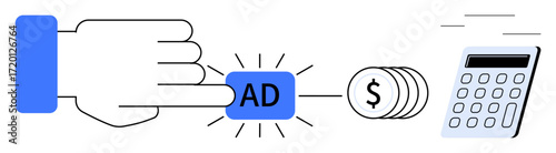 Hand pressing ad button with coins and calculator symbolizing advertising investment and profit estimation. Ideal for marketing, online business, finance, ROI, digital growth, economy, analytics