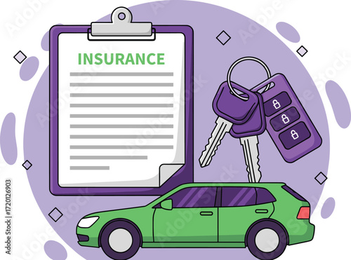 Man Character Buying or Renting Car and Signing Auto Insurance Policy with Agent in Office – Salesman Providing Security Documents, Vehicle Protection, Auto Care, and Office Consultation – Flat Isomet