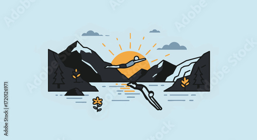 Minimalist flat line illustration of two people diving into a lake, surrounded by a scenic mountain landscape during a beautiful sunrise