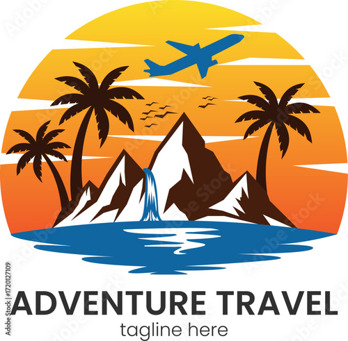 Adventure travel agency logo mountains palm trees ocean sunset airplane flying