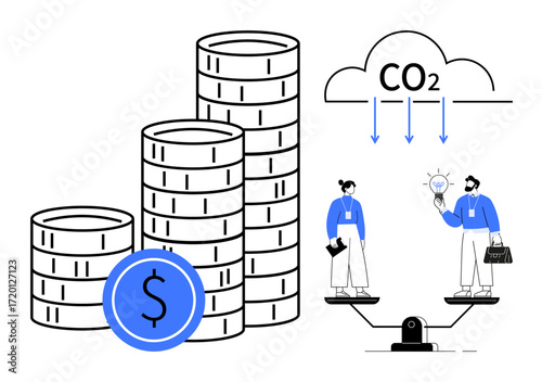 Stacks of coins beside CO2 cloud, individuals on a scale assessing ideas and innovation. Ideal for sustainability, carbon offset, business solutions, environmental impact, green economy