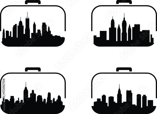 City skyline suitcase silhouette illustration, travel vector design, urban landmark icons, modern architecture, tourism concept, business trip, vacation journey, metropolitan skyline art