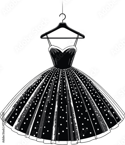 Elegant black polka dot dress on a hanger, a classic vintage-inspired fashion piece perfect for parties and special occasions, showcasing a full, flowing tulle skirt and a fitted bodice, 