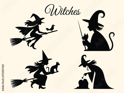 Four whimsical halloween witches depicted in a classic black silhouette style with magical companions and flying brooms