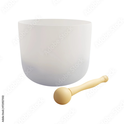 3D Render of Crystal Singing Bowl with Mallet on Transparent Background